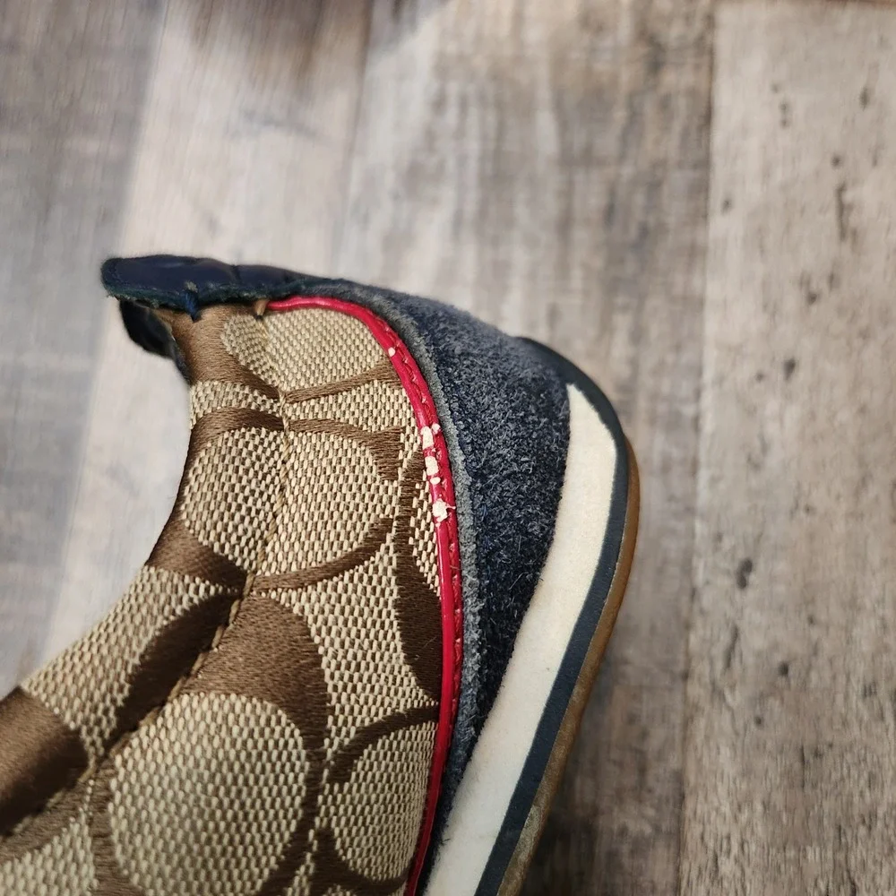 Coach Devin Signature Monogram Navy Suede Tan Canvas Low Top Sneakers 5.5 Logo
